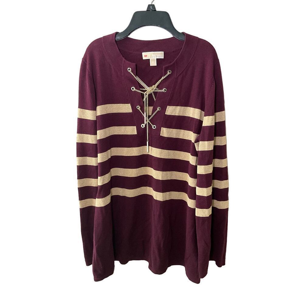 Micheal Kors Lace-Up Sweater Stripe Knit Pullover Metallic Burgundy Gold Size XL